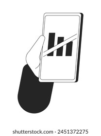 No phone signal cartoon human hand outline illustration. Disconnected cellphone 2D isolated black and white vector image. Mobile problem. No connection smartphone flat monochromatic drawing clip art