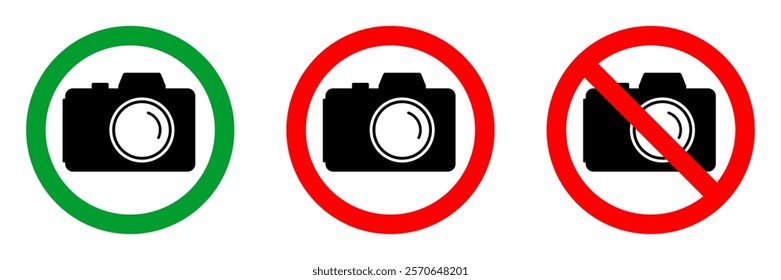 no photo allowed or camera prohibited red circle sign, green allowed round vector icon, 3 pictogram collection