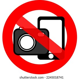 NO PHOTO ALLOWED. Vector illustration can be used for icon or logo in commercial matter. Flat icon in red crossed out circle. 