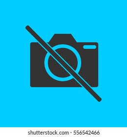 No photo camera icon flat. Simple vector black pictogram on blue background