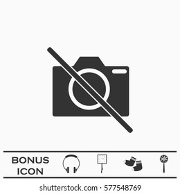 No photo camera icon flat. Black pictogram on white background. Vector illustration symbol and bonus button