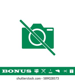 No photo camera icon flat. Green pictogram on white background. Vector illustration symbol and bonus button