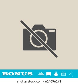 No photo camera icon flat. Grey pictogram on light background. Vector illustration symbol and bonus button real estate, ottoman, vase, tv, fishing rod