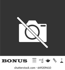 No photo camera icon flat. White pictogram on black background. Vector illustration symbol and bonus icons