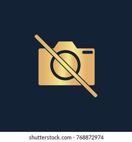 No photo camera icon flat. Simple gold pictogram on dark background. Vector illustration symbol