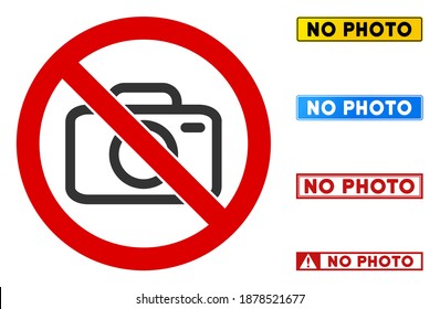 No Photo Camera sign with badges in rectangle frames. Illustration style is a flat iconic symbol inside red crossed circle on a white background. Simple No Photo Camera vector sign,