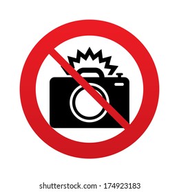 No Photo camera sign icon. Photo flash symbol. Red prohibition sign. Stop symbol. Vector