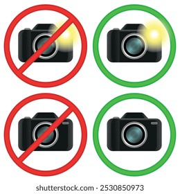 No Photo Emoji Camera Icon vector for sinage in minimalist style, featuring a sleek design with a round lens and simple shapes. No flash. No pics. No photography.