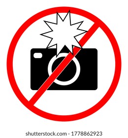 No photo flash red warning sign. Camera with flashing light sign for restricted area. Vector illustration on white background.