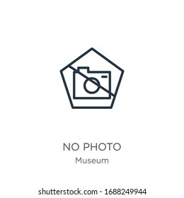 No photo icon. Thin linear no photo outline icon isolated on white background from museum collection. Line vector sign, symbol for web and mobile