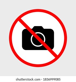 no photo sign. camera symbol with red prohibition on white plate isolated on grey background. vector illustration