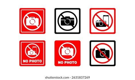 No photo signs and camera prohibition Sign and icons in red and black square label design, flat style vector isolated for use in public area or restricted zone signage