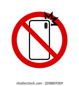 No photo smartphone flash prohibition sign. No symbol, do not sign, circle backslash symbol, nay, prohibited symbol, dont do it symbol isolated on white. Vector illustration.