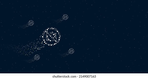 A no photo symbol filled with dots flies through the stars leaving a trail behind. Four small symbols around. Empty space for text on the right. Vector illustration on dark blue background with stars