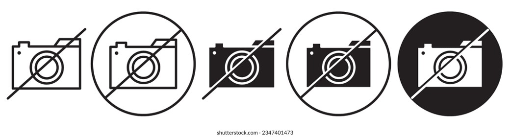 Kein Bildsymbol. Keine Erlaubnis, einen beliebigen Ort auf dem Verschlussrahmen der Kamera oder durch den Einsatz von Mobiltelefonen zu fotografieren. Vektorgrafik-Set der Aufnahme von Videos oder Fotografien ist streng nicht erlaubt. 