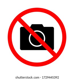 no photo symbol. red prohibition sign with camera on white circular plate isolated on white background. vector illustration