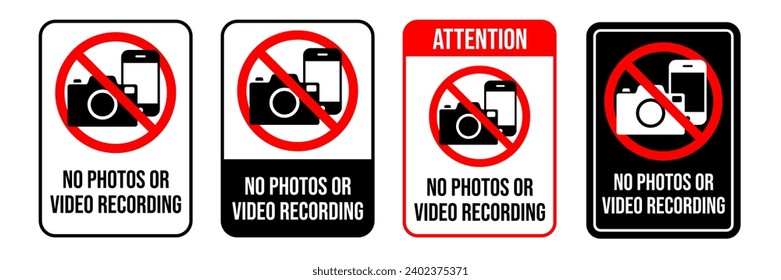 No Photo, video and phone prohibition symbol sign set. No photographing and filming prohibit icon logo collection.