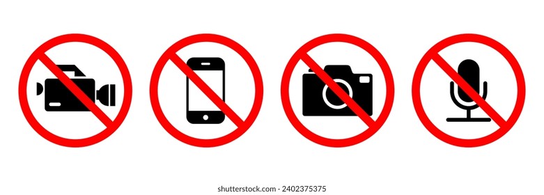 No Photo, video and phone prohibition symbol sign set. No photographing and filming prohibit icon logo collection.