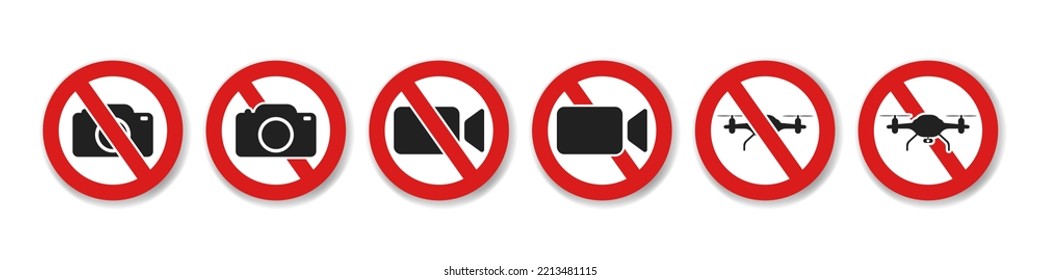No Photographing prohibition sign symbol icon. Forbidden photography and   video record.Stop no drone zone signs. No fly camera video drones sign. Vector icon . 10 eps