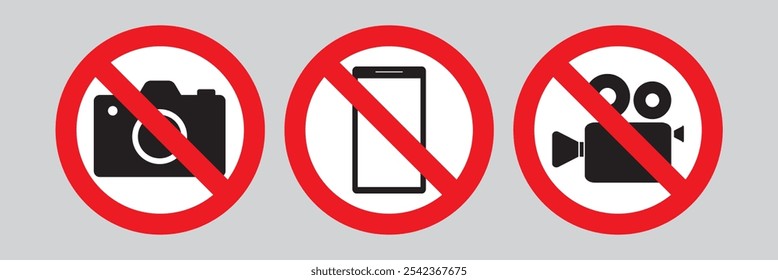 No Fotografiar, icono de símbolo de signo de prohibición. Video ·, foto, teléfono en rojo, señal prohibida, restricciones. Conjunto de pictogramas de Plantilla para Web o impresión. Ilustración vectorial plana