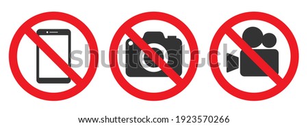 No Photographing prohibition sign symbol icon. Video, photo, phone, prohibited logo pictogram. Vector illustration. Isolated on white background.