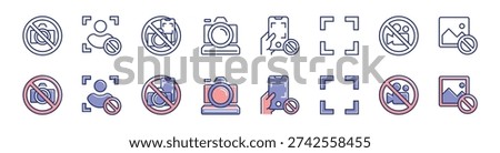 No photography allowed icon line set warning alert picture capture photo and video prohibited signs vector illustration
