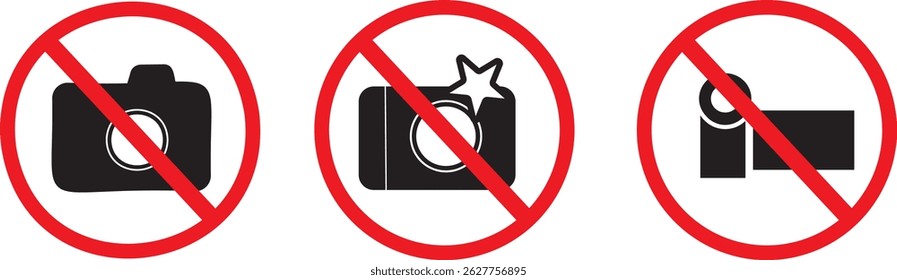 No photography allowed. prohibition sign in red color, No cameras allowed signs. Camera Prohibited Zone Vector symbol,
