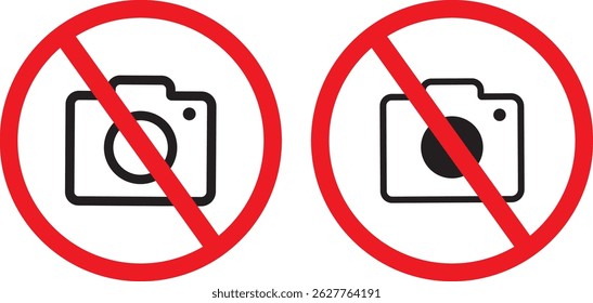 No photography allowed. prohibition sign in red color, No cameras allowed signs. Camera Prohibited Zone Vector symbol,
