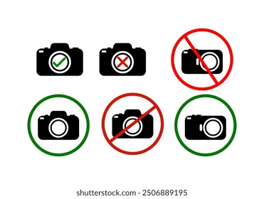 No photography, no camera sign, symbol and icon vector. Taking pictures not allowed. Prohibition symbol sticker for area place.