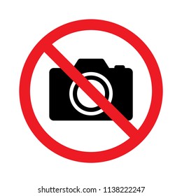 No photography, No camera sign, Taking pictures not allowed, Prohibition symbol sticker for area places, Isolated on white background, Flat design vector illustration