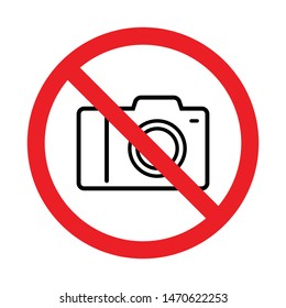No photography, No camera sign, Taking pictures not allowed, Prohibition symbol sticker for area places, Isolated on white background, Thin line design vector illustration