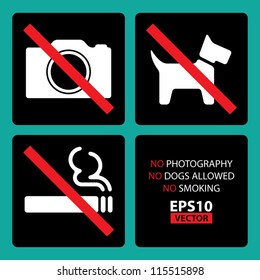 No Photography, No Dogs Allowed, No Smoking Signs Set 2 with Square background and Round Corners - EPS10 Vector