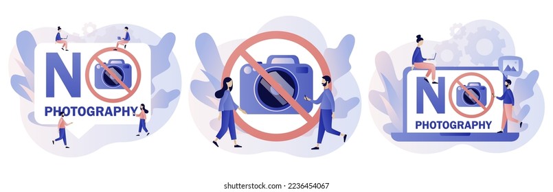 No photography icon. Tiny people and red sign No camera. No pictures. Modern flat cartoon style. Vector illustration on white background
