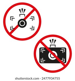 No Photography Icons. Camera Flash Prohibited Symbols. Red Circle Warning Signs. Vector Illustration.