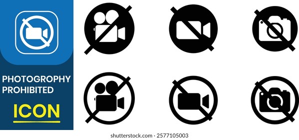  No Photography Prohibited sing symbol icon set. No photography, no video, do not use the phone, photograph and rec not allowed. No video recording vector illustration.