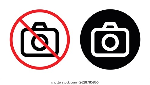 No photography sign with camera icon inside a red circle and a camera icon inside a black circle on a white background