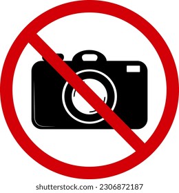 No photography sign. Prohibition sign, no photography. Red slashed circle with photo camera silhouette inside. Photo camera is not allowed. Photography ban. Round red stop photographing sign.