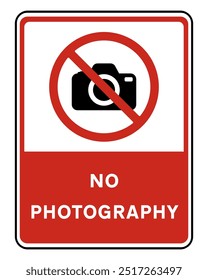 No photography sign. The rectangular sign with a red background and white top shows a crossed out camera symbol and a warning text below it. prohibition sign. vector illustration