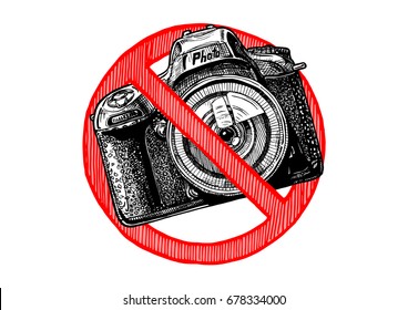 No Photography Sign. Vector Hand Drawn Illustration In Vintage Engraved Style. Isolated On White Background.