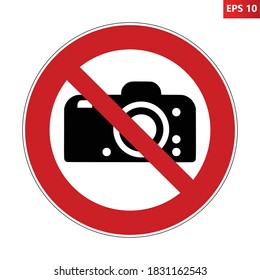 No photography sign. Vector illustration of red crossed out circular sign with camera icon inside. No photo symbol isolated on white background. Photos are prohibited. ISO 7010 P029.