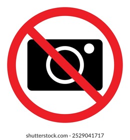 no photography sign, vector red crossed out circle symbol with camera illustration, isolated on white background