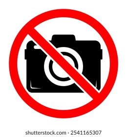 No Photography Sign Vector Sticker Template – Circular Prohibition Mark with Camera Icon, Crossed-out Symbol for Restricted Areas, Isolated on White Background