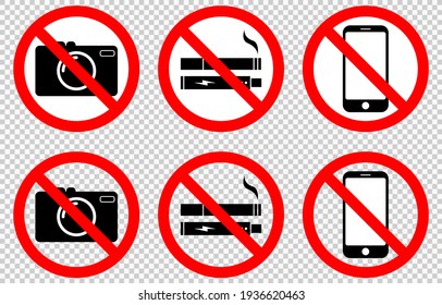 No photography, No smoking, No camera signs, smartphone,  No photography, Places prohibition symbol stickers, Isolated on transparent background, vector illustration. EPS 10