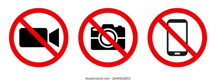 No photography, no video, do not use the phone, red sign symbol prohibition. Warning red round sign, prohibited symbol