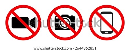 No photography, no video, do not use the phone, red sign symbol prohibition. Warning red round sign, prohibited symbol
