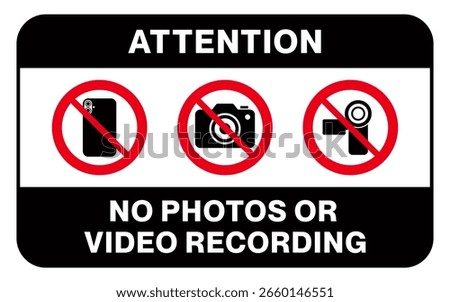No photography or video prohibited area sign printable symbol set. Silhouette icon phone, photo, video prohibited logo pictogram. Vector illustration. Isolated on white background