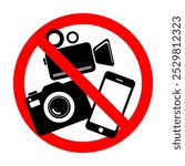 No photography video prohibited forbidden area sign,  No photo no video recording set silhouette icon, camera icon, No recording or taking pictures sign, Prohibiting the use of cameras or phones. 