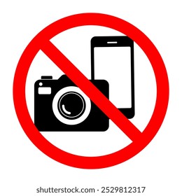 No photography video prohibited forbidden area sign,  No photo no video recording set silhouette icon, camera icon, No recording or taking pictures sign, Prohibiting the use of cameras or phones. 