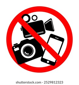 No hay Fotografía Video Video prohibida área de letrero, No hay foto no hay conjunto de grabación silueta icono, icono de la cámara, No grabar o tomar fotos signo, Prohibición del uso de cámaras o teléfonos. 