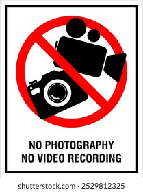 No photography video prohibited forbidden area sign,  No photo no video recording set silhouette icon, camera icon, No recording or taking pictures sign, Prohibiting the use of cameras or phones. 